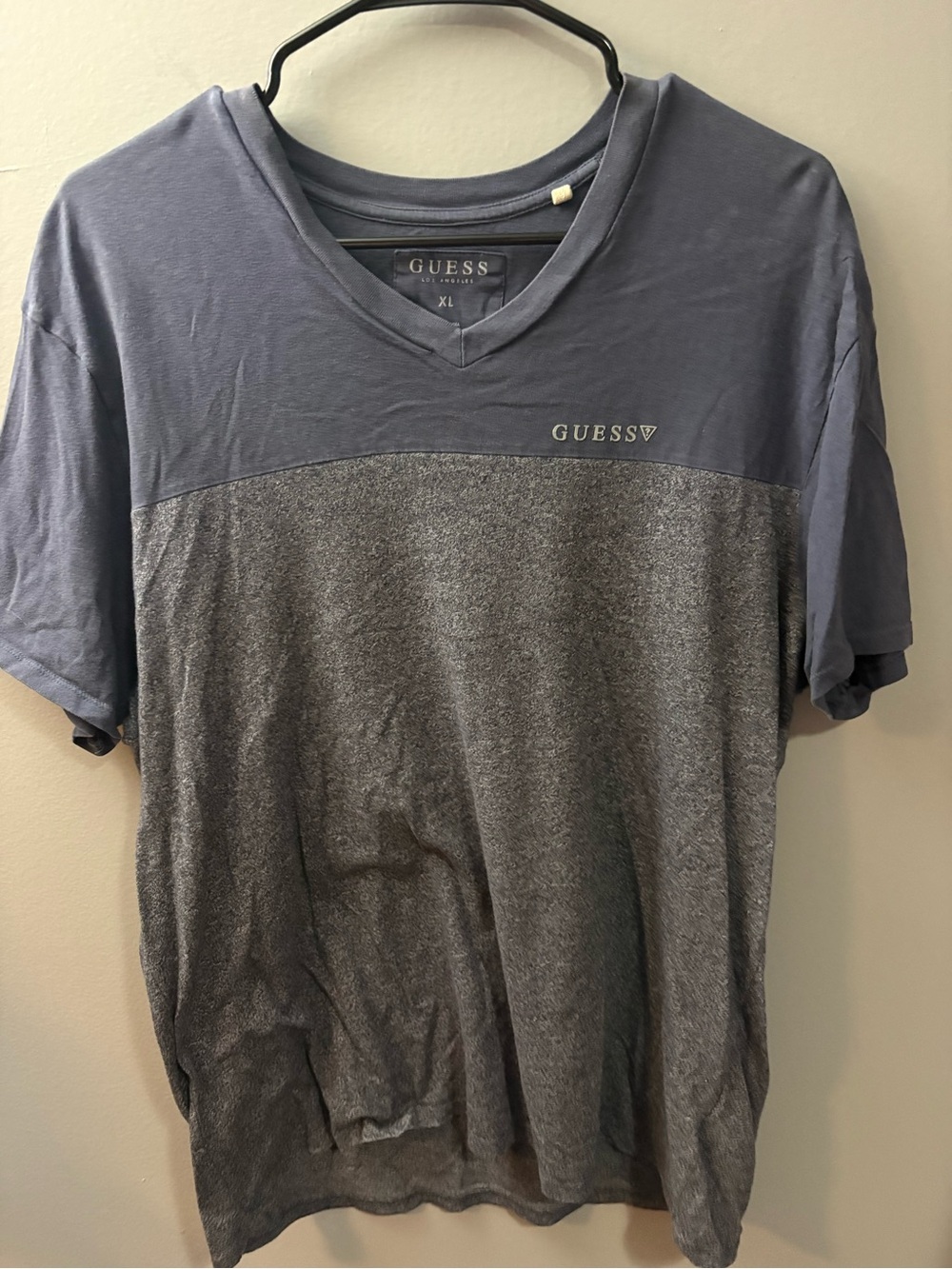 GUESS Men's Two-Tone Blue and Gray V-Neck Tee